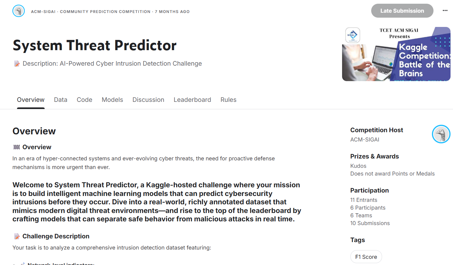 Screenshot of ML Kaggle Competition Dashboard - Hosted under TCET ACM SIG AI 2025